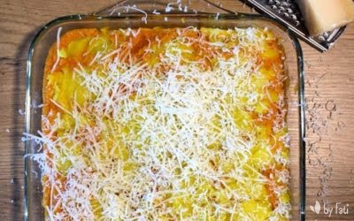 Pastel de patata y boloñesa vegetariana de lentejas rojas